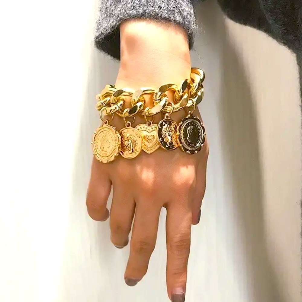COPY - Queen of Coin Chunky Gold Bangle Charm Bracelet